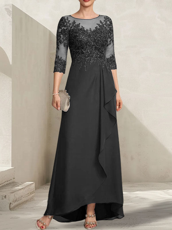 Vestido de madrina de la novia, corte asimétrico, escote ilusión, encaje y gasa, con lentejuelas y volantes en cascada.