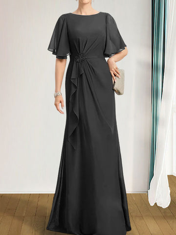 A-line Scoop Floor-Length Chiffon Mother of the Bride Dress With Cascading Ruffles Beading Sequins