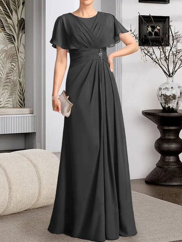 A-line Scoop Floor-Length Chiffon Mother of the Bride Dress With Pleated Beading