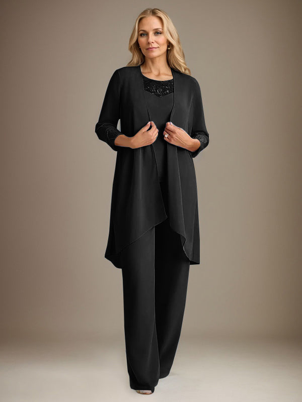 Traje pantalón de gasa con escote redondo y mangas largas para la madre de la novia, con chaqueta. 