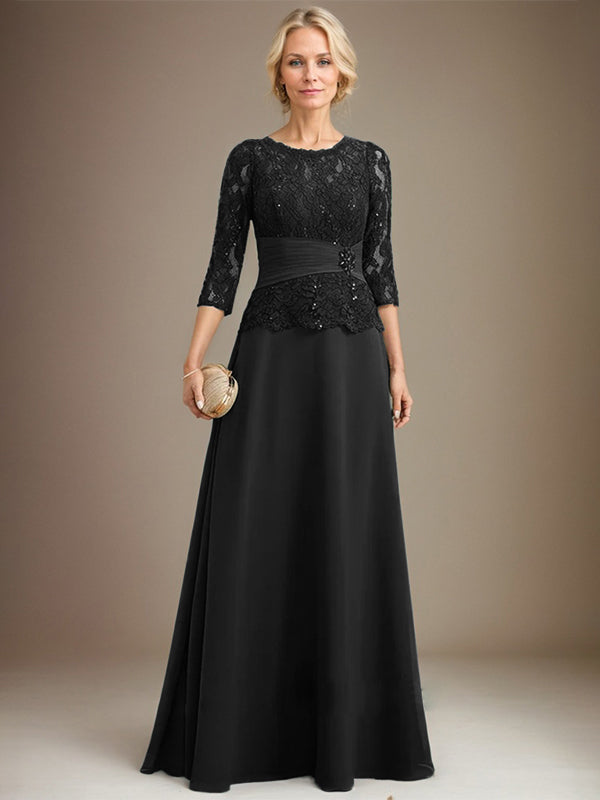 Vestido de corte A, escote ilusión, largo hasta el suelo, de gasa y encaje, para la madre de la novia, con lentejuelas plisadas y pedrería. 