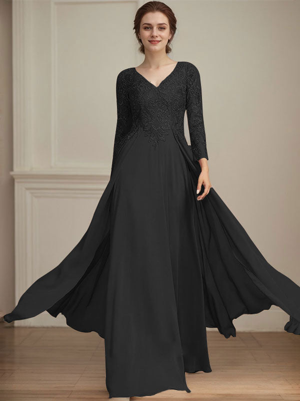Robe de mère de la mariée en mousseline de dentelle, coupe trapèze, col en V, longueur au sol, ornée de sequins 