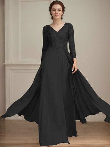 A-line V-Neck Floor-Length Lace Chiffon Mother of the Bride Dress With Sequins
