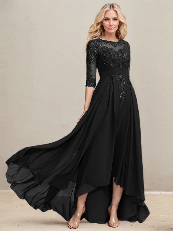 Vestido de madrina de la novia, corte en A, escote redondo ilusión, asimétrico, de encaje y gasa con lentejuelas plisadas. 