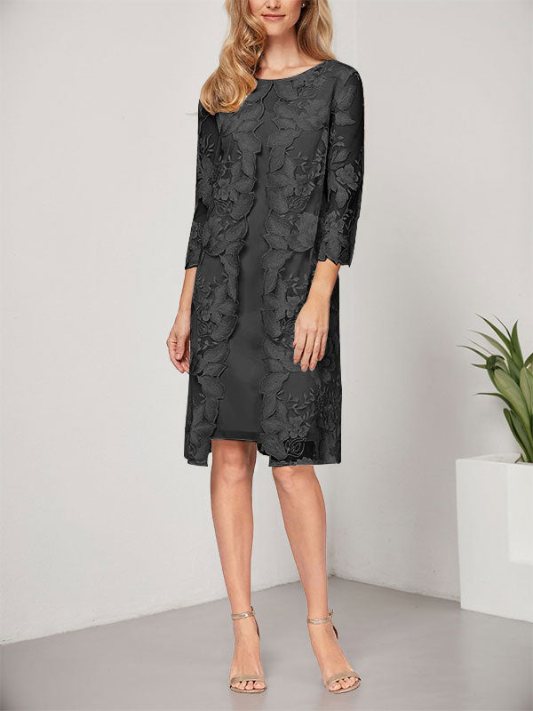 Vestido de corte A, escote redondo, largo hasta la rodilla, de gasa y encaje, para la madre de la novia, con chaqueta. 
