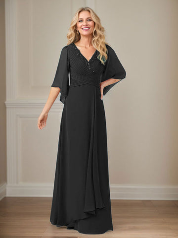 A-Line V-Neck Long Sequins Chiffon Mother Dress