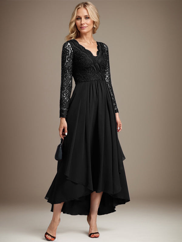 Vestido de novia de gasa con encaje asimétrico, escote en V y corte en A para la madre de la novia 