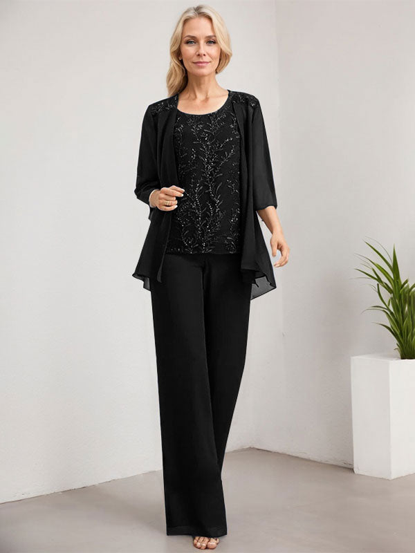 Vestido de novia de gasa con encaje y lentejuelas, estilo mono/pantalón, largo hasta el suelo, con escote redondo.