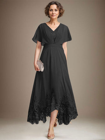A-line V-Neck Asymmetrical Lace Chiffon Mother of the Bride Dress With Pleated