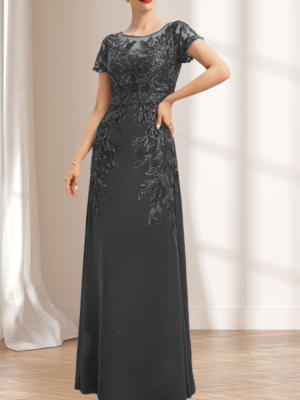 Vestido de novia de corte recto/columna, escote redondo, ilusión, largo hasta el suelo, de encaje y gasa con lentejuelas.