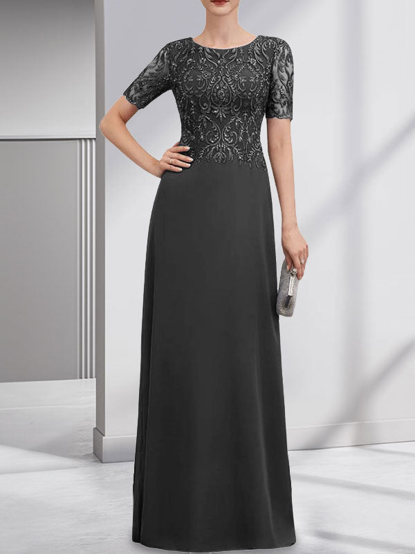 Vestido de novia de corte línea A, escote redondo, largo hasta el suelo, de encaje y gasa con lentejuelas.