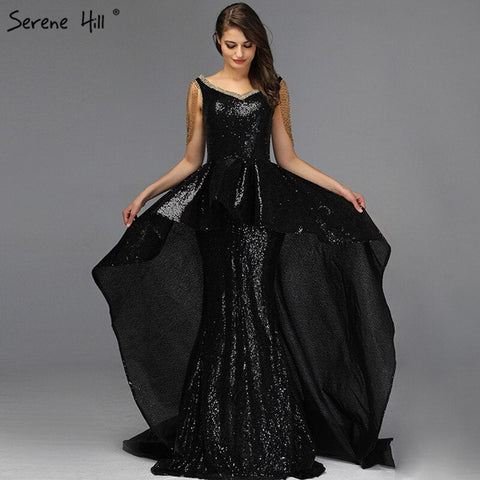 Robe de soirée noire asymétrique sans manches, sexy, en solde, sans retour, design Dubaï, épaules dénudées, avec pompons, LA60798 