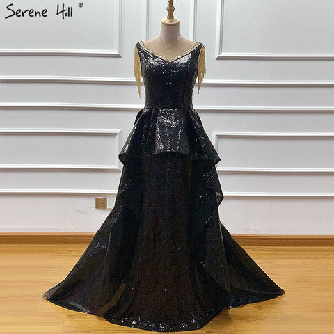 Robe de soirée noire asymétrique sans manches, sexy, en solde, sans retour, design Dubaï, épaules dénudées, avec pompons, LA60798 