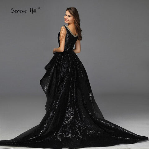 Robe de soirée noire asymétrique sans manches, sexy, en solde, sans retour, design Dubaï, épaules dénudées, avec pompons, LA60798 