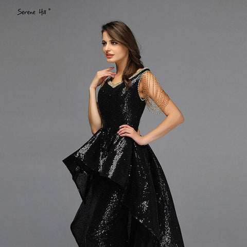 Robe de soirée noire asymétrique sans manches, sexy, en solde, sans retour, design Dubaï, épaules dénudées, avec pompons, LA60798 