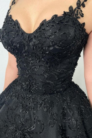 Vestido de gala negro, vestido de noche vaporoso con tirantes