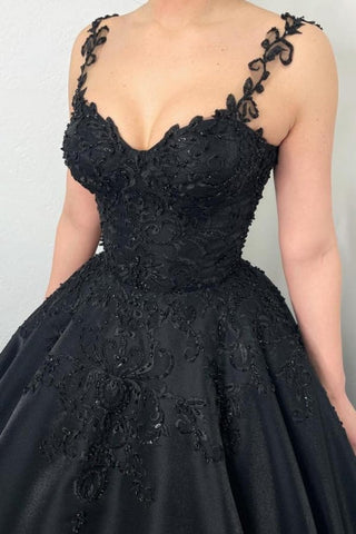 Vestido de gala negro, vestido de noche vaporoso con tirantes