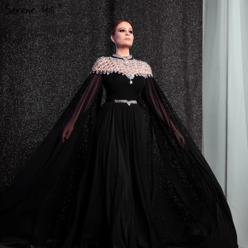 Black Diamond  Caple Sleeves Chiffon Evening Dress Dubai Design High Neck  Gowns 2025 LA60718