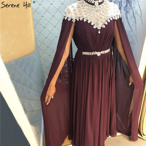 Vestido de noche de gasa con mangas capa y estampado Black Diamond, diseño de Dubái, cuello alto, 2025 LA60718 