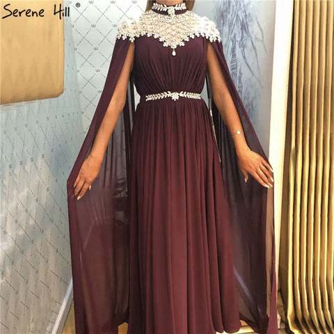 Vestido de noche de gasa con mangas capa y estampado Black Diamond, diseño de Dubái, cuello alto, 2025 LA60718 