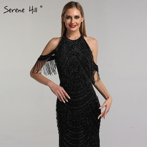 Robe de soirée noire luxueuse et sexy, dos nu, avec pompons et perles, sans manches, style sirène, LA6229, 2025 