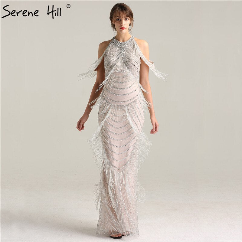 Black Halter Backless Sexy Luxury Evening Dresses 2025 Tassel Beading Sleeveless Mermaid  Formal Dress LA6229