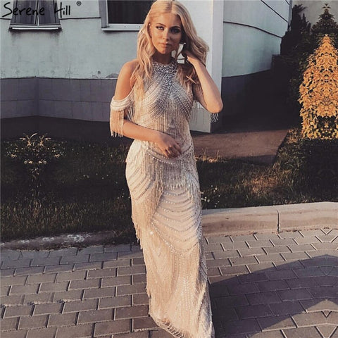 Robe de soirée noire luxueuse et sexy, dos nu, avec pompons et perles, sans manches, style sirène, LA6229, 2025 