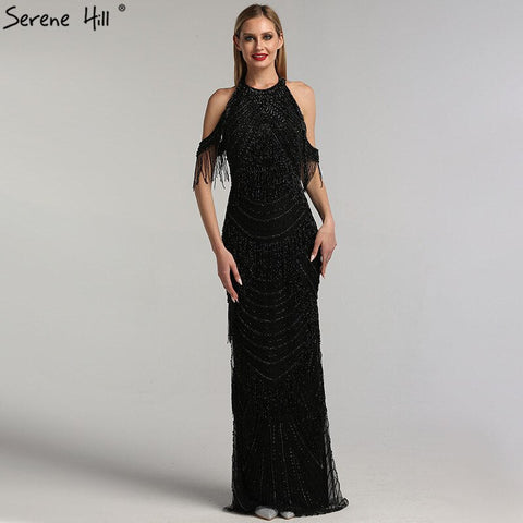 Robe de soirée noire luxueuse et sexy, dos nu, avec pompons et perles, sans manches, style sirène, LA6229, 2025 