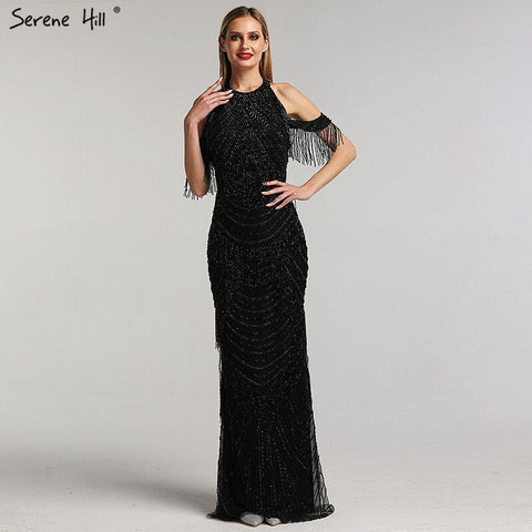 Robe de soirée noire luxueuse et sexy, dos nu, avec pompons et perles, sans manches, style sirène, LA6229, 2025 