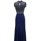 Sale Black High Neck Satin Mermaid Evening Dresses 2025 Beading Crystal Short Sleeves Sexy Evening Gowns LA70162