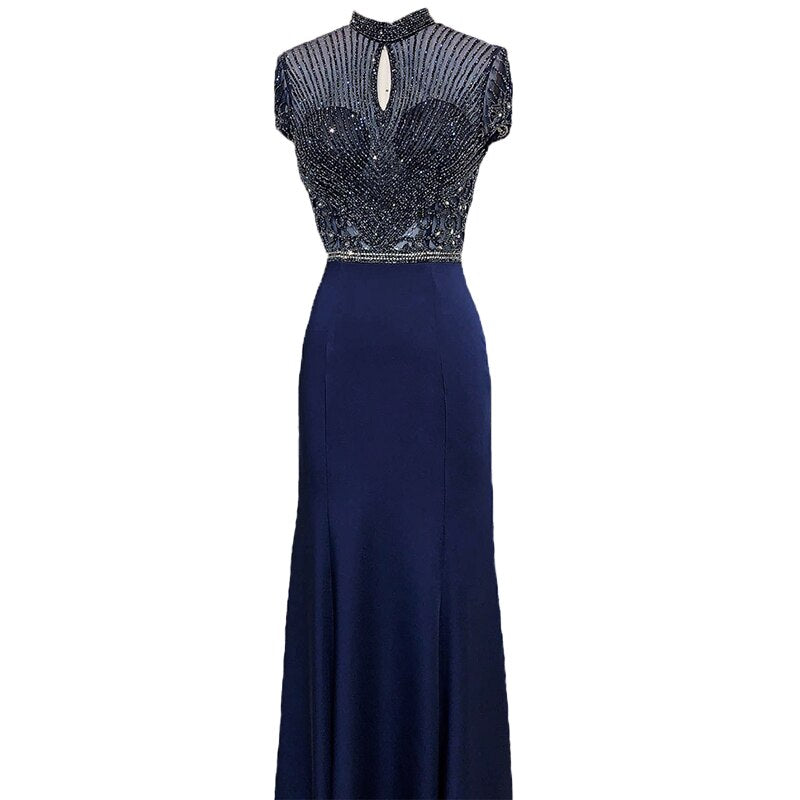 Sale Black High Neck Satin Mermaid Evening Dresses 2025 Beading Crystal Short Sleeves Sexy Evening Gowns LA70162