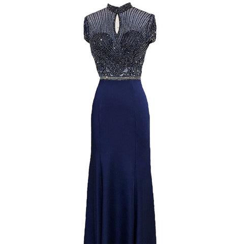 Sale Black High Neck Satin Mermaid Evening Dresses 2025 Beading Crystal Short Sleeves Sexy Evening Gowns LA70162