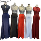 Sale Black High Neck Satin Mermaid Evening Dresses 2025 Beading Crystal Short Sleeves Sexy Evening Gowns LA70162