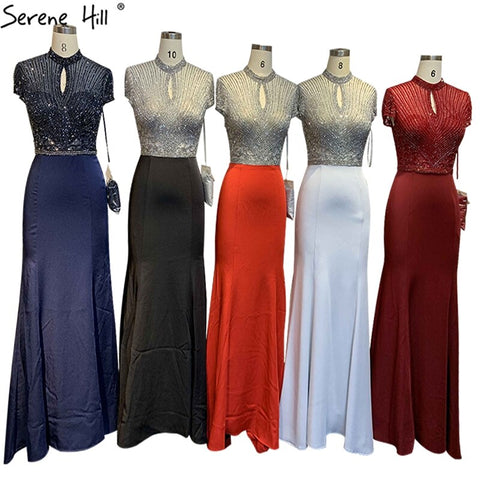 Sale Black High Neck Satin Mermaid Evening Dresses 2025 Beading Crystal Short Sleeves Sexy Evening Gowns LA70162
