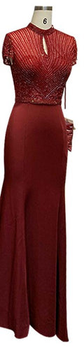 Sale Black High Neck Satin Mermaid Evening Dresses 2025 Beading Crystal Short Sleeves Sexy Evening Gowns LA70162