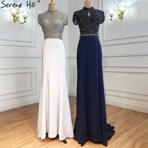 Sale Black High Neck Satin Mermaid Evening Dresses 2025 Beading Crystal Short Sleeves Sexy Evening Gowns LA70162