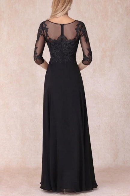 Robe de mère de la mariée noire longue en mousseline de dentelle, col en V et manches, coupe trapèze, col en V