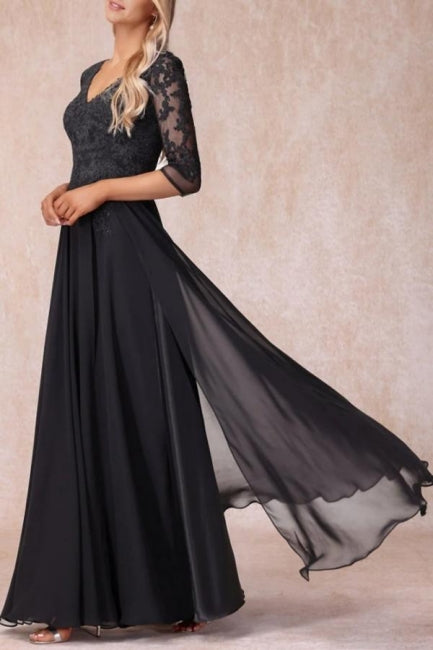 Vestidos largos negros de corte A, escote en V, encaje y gasa para la madre de la novia, con mangas.
