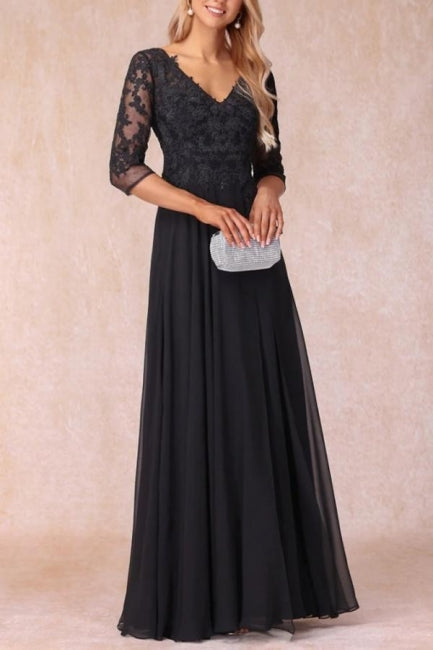 Robe de mère de la mariée noire longue en mousseline de dentelle, col en V et manches, coupe trapèze, col en V