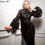 Black Long Sleeves Mermaid Design Evening Dresses High Neck Sequined Illusion Formal Gowns 2025 LA60921
