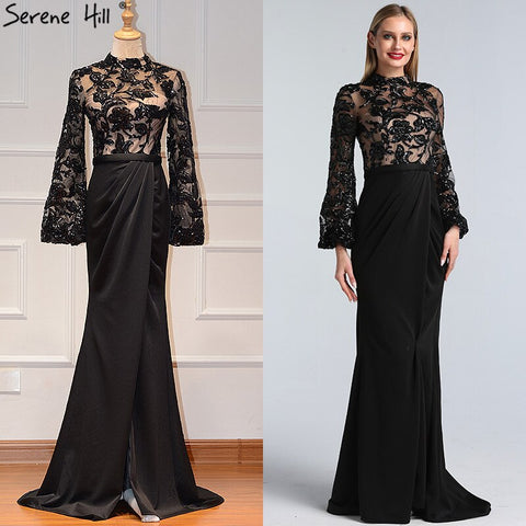 Black Long Sleeves Mermaid Design Evening Dresses High Neck Sequined Illusion Formal Gowns 2025 LA60921