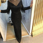 On Sale No Return No Refund Black Luxury Sexy Evening Dresses 2025 Slim Mermaid Tassel Beading Long Sleeves Evening Gowns For Woman LA60716
