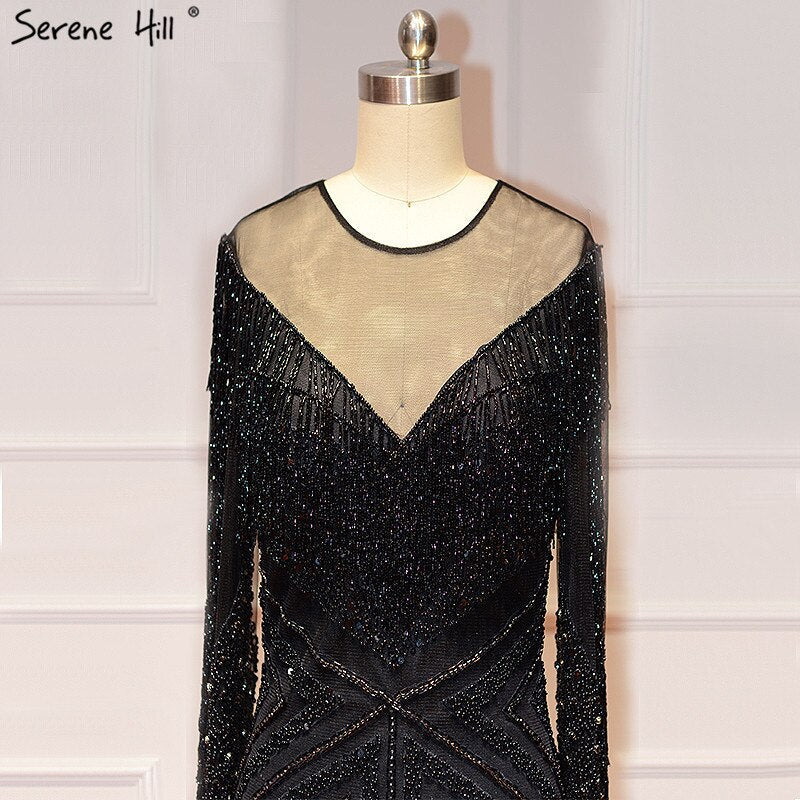 On Sale No Return No Refund Black Luxury Sexy Evening Dresses 2025 Slim Mermaid Tassel Beading Long Sleeves Evening Gowns For Woman LA60716