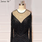 On Sale No Return No Refund Black Luxury Sexy Evening Dresses 2025 Slim Mermaid Tassel Beading Long Sleeves Evening Gowns For Woman LA60716