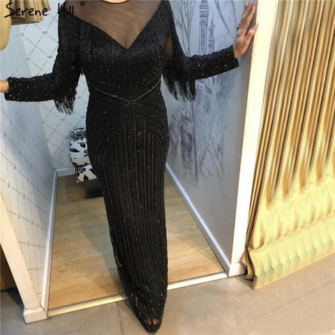 On Sale No Return No Refund Black Luxury Sexy Evening Dresses 2025 Slim Mermaid Tassel Beading Long Sleeves Evening Gowns For Woman LA60716