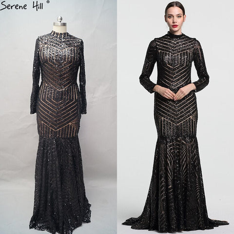 Sale Black Mermaid High Neck Luxury Evening Dresses Sequined Long Sleeves Formal Evening Gowns 2025 LA6090