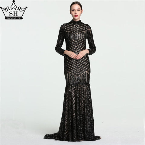 Sale Black Mermaid High Neck Luxury Evening Dresses Sequined Long Sleeves Formal Evening Gowns 2025 LA6090