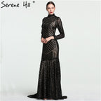 Sale Black Mermaid High Neck Luxury Evening Dresses Sequined Long Sleeves Formal Evening Gowns 2025 LA6090