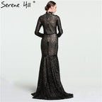 Sale Black Mermaid High Neck Luxury Evening Dresses Sequined Long Sleeves Formal Evening Gowns 2025 LA6090