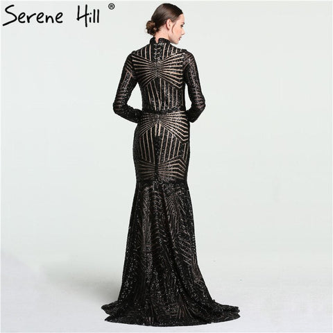 Sale Black Mermaid High Neck Luxury Evening Dresses Sequined Long Sleeves Formal Evening Gowns 2025 LA6090
